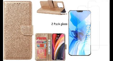 Hoesje Geschikt voor iPhone 12 / 12 Pro hoesje - bookcase / wallet cover portemonnee Bookcase hoes Goud + 2x tempered glass / Screenprotector