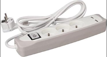 Perel Stekkerdoos met schakelaar, 3 stopcontacten met penaarde (type E), 2 USB-poorten, kabel 1.5 m, 3G1.5, gebruik binnenshuis, wit