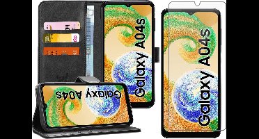 Hoesje geschikt voor Samsung Galaxy A04s / A13 5G - Screen Protector GlassGuard - Book Case Kunstleer Pasjeshouder Zwart & Screenprotector