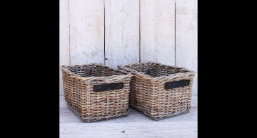Migo Styling - Kastmand - Opbergmand - 41x33x25cm - Riet - Rotan - Set van 2 - Leren Handvat