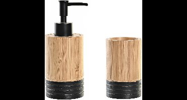 Items badkamer accessoires set drinkbeker/zeeppompje - bamboe/zwart