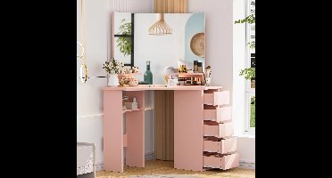 Kaptafel – Make-up Tafel – Schminktafel – Dressoir – Toilettafel – Hoekmodel Met 3 Spiegels – 5 Lades & 2 Open Vakken – Modern Design 112x50x142,5 cm – Roze