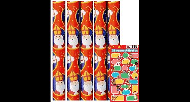 Sinterklaaspapier Pakpapier inpakpapier - 3 meter x 70 cm - 5 rollen - Incl. 20 Sint Naamstickers