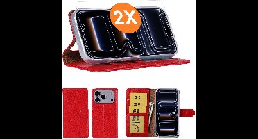Hoesje geschikt voor iPhone 17 Pro hoesje Rood pasjeshouder telefoon hoes - Met screenprotector tempered glass voor iPhone 17 Pro - 2x