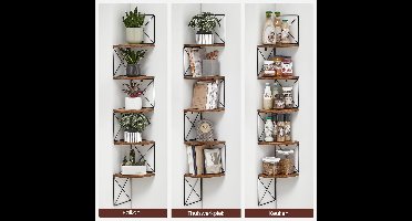 Hoekboekenkast Zigzag Design – 5-Lagen Wandplank van Hout & Staal – Vintage Bruin-Zwarte Hoekplank voor Woonkamer, Slaapkamer of Kantoor – Ruimtebesparende Muurkast – Industrieel & Modern Design