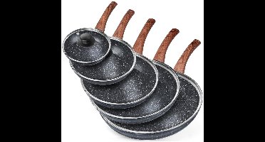 Vilde Black&Wood Serie - Granieten Koekenpannenset - 16-32 cm - Met Glazen Deksel