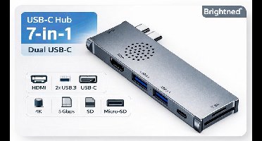 Brightned® USB-C Hub 7-in-1 | 4K HDMI | 2× USB 3.1 | SD & Micro-SD | USB-C | Voor MacBook Pro/Air & USB-C Laptops