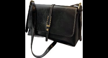 Fashionable Schoudertas Dames - Vierkante Klep Tas - Effen Kleur & Gesp Sluiting - Zwart