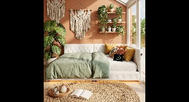 ADFBL Bedbank 140x200 cm Beige - Teddy Hoekbed met LED & USB-C | Gestoffeerd Bed met Rugleuning