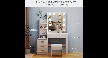 make-uptafel met 4 laden en 4 open planken voor de slaapkamer, kaptafelset met verlichting en krukje, inclusief 3 verborgen opbergvak Novihomeken