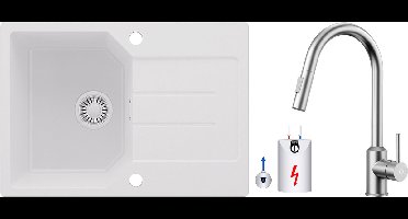 Anycee MAX Granieten Spoelbak 65x45CM - Spoelbakken Keuken Wit - Wasbak Keuken Met Lagedruk Keukenkraan- Spoelbak Met Planchet en Afdruiprek - Spoelbakken Incl. Sifon en Afvoerzeefje