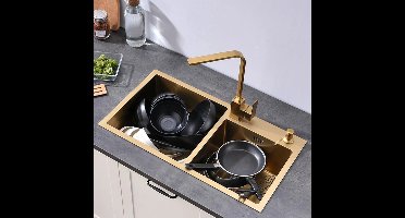 Dubbele Spoelbak – Keukenspoelbak – Opbouw Spoelbak – Gouden Spoelbak – RVS Spoelbak – 75x40 cm – 304 Roestvrij Staal – Inclusief Mandje en Zeeppompje