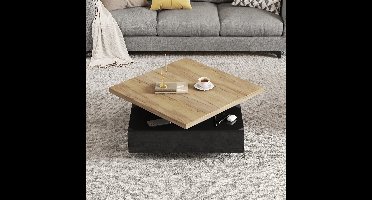 Multifunctionele vierkante koffielade die 360° draait, hoogglanzende 2-laags draaibare salontafel met opbergkast, bijzettafel voor de woonkamer in naturel houtkleur + zwart, spaanplaat
