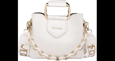 Mini Bucket Bag Dames - Metalen Ketting Decoratie - Letter Graphic - Business Casual Schoudertas - Wit