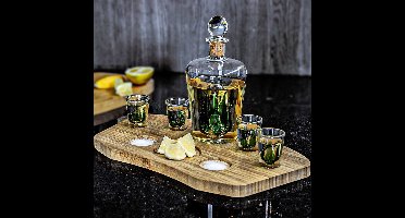 MikaMax Tequila Decanter Set – Tequila Karaf – Tafel Decoratie - Incl. 4 Shotglazen en Houten Plateau – Complete Set - 840 ml