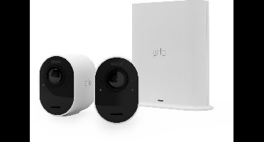 Arlo Ultra 2 draadloze WiFi-beveiligingscamera voor buiten, 4K UHD, 180˚ kleurennachtzicht, sirene & spotlight, bewegingsdetectie, 2-weg-audio, 6 mnd batterij, lokale opslag (SD-kaart), incl. proefp. Arlo Secure, 2 IP-Camera's + Smart Hub, wit