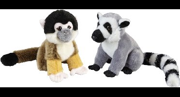 Ravensden - Apen serie pluche knuffels - 2x stuks - Ringstaart Maki en Squirrel Aapje - 18 cm
