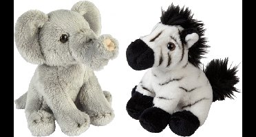 Ravensden - Safari dieren knuffels - 2x stuks - Olifant en Zebra - 15 cm