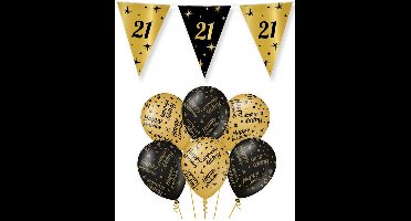 21 jaar verjaardag versiering pakket zwart/goud vlaggetjes/ballonnen