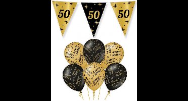 50 jaar verjaardag versiering pakket zwart/goud vlaggetjes/ballonnen