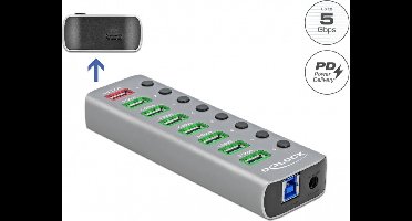 DeLOCK USB hub met 7+2 poorten en aan/uit schakelaars - USB3.0 / PD 27W - externe 12V voeding / grijs - 0,80 meter