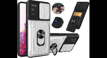 Hoesje Geschikt Voor Samsung Galaxy S20 Fe hoesje met Ring houder - camera lens protector en pashouder – Zilver