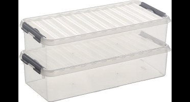 2x sunware q-line opberg box/opbergdoos - 6.5 liter - 48 x 19 x 10 cm - kunststof - opslagbox - transparant/zilver