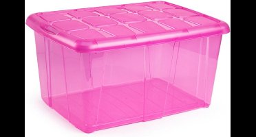 Plasticforte opslagbak organizers met deksel - transparant/roze - 60 liter - kunststof