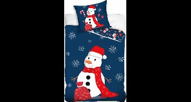 Kerst dekbedovertrek Sneeuwpop - 140 x 200 cm - 70 x 90 cm - blauw