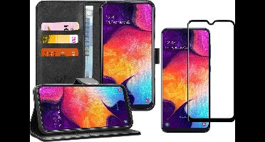 Hoesje geschikt voor Samsung A50 en Screenprotector - Book Case Kunstleer Wallet Zwart + Screen Protector Full