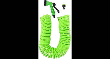 Kinzo Flexibele Tuinslag 15 Meter - Incl. Sproeikop en Snelkoppeling - 7 Sprayfuncties - Spiraalslang - Uv-Bestendig - PVC - Groen