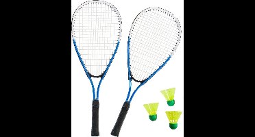 Speed badmintonset sterk blauw/wit met rackets shuttles en opbergtas 66 cm - Badmintonnen