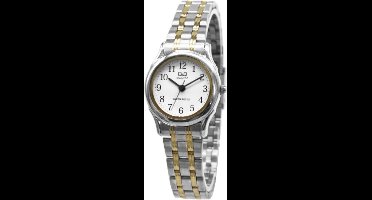 Q&Q Q591J404Y - Horloge - Analoog - Dames - Vrouwen - stalen band - Rond - Cijfers - Staal - Zilverkleurig - Goudkleurig - Wit - 3ATM