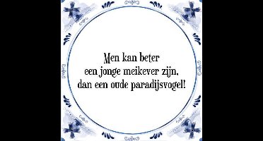 Tegeltje met Spreuk (Tegeltjeswijsheid): Men kan beter een jonge meikever zijn, dan een oude paradijsvogel! + Kado verpakking & Plakhanger