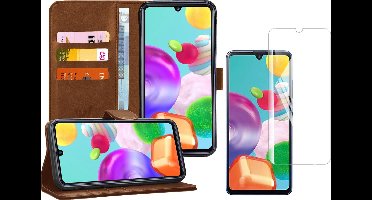 Hoesje geschikt voor Samsung Galaxy A41 - Screen Protector GlassGuard - Book Case Kunstleer Pasjeshouder Bruin & Screenprotector