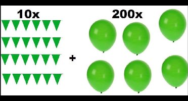 10x Vlaggenlijn 10 meter + 200 Ballonnen groen