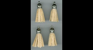 Tassel with cap, faux suede, beige/ silver, 3 cm, 4 pcs