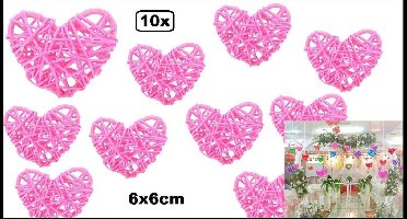 10x Rotan hart roze 6x6cm - huwelijk just married trouwen valentijn liefde carnaval thema feest decoratie