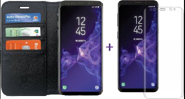 Hoesje geschikt voor Samsung Galaxy S9 - Kunstlederen TPU Wallet Case Zwart - Portemonee Hoesje met Glas PET Folie Screen Protector Transparant 0.2mm