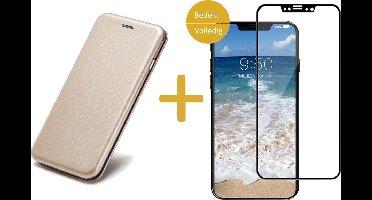 Hoesje Kunstlederen Book Case geschikt voor Apple iPhone Xs / X + Screenprotector Volledig Dekkend Zwart - Goud Siliconen iCall Wallet