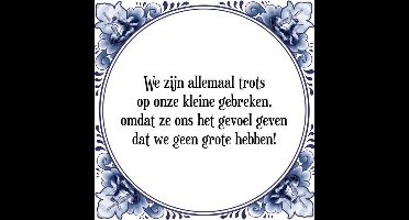 Tegeltje met Spreuk (Tegeltjeswijsheid): We zijn allemaal trots op onze kleine gebreken, omdat ze ons het gevoel geven dat we geen grote hebben! + Kado verpakking & Plakhanger