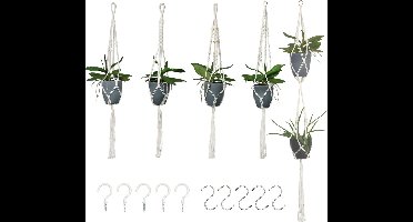 Intirilife Set van 5 Macrame hangende Bloempotten in Wit met ophangsysteem - Plantenhanger, plantenhouder gemaakt van katoenen touwen met bijpassende haken om op te hangen
