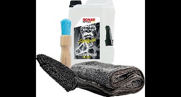 Sonax Velgenreiniger ser bestaande uit; 5 ltr Velgen Beast, Speciale kwast, Droogdoek 50x80 1000 gsm, WashMitt