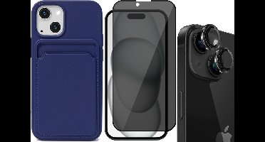 Hoesje Pasjeshouder geschikt voor iPhone 15 Plus - Privacy Screenprotector FullGuard + Camera Lens Screen Protector Zwart - Siliconen Case Back Cover Blauw