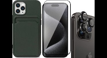 Hoesje Pasjeshouder geschikt voor iPhone 15 Pro Max - Screenprotector FullGuard + Camera Lens Screen Protector Zwart - Siliconen Case Back Cover Groen