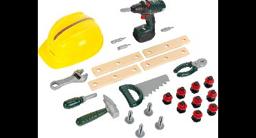Klein Toys Bosch 36-delige werkplaatsset - helm, draadloze schroevendraaier en alles wat je nodig kan hebben in de werkplaats - incl. licht- en geluidseffectenn - groen geel