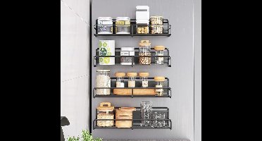 Kruidenrek, Magnetisch kruidenrek voor op de koelkast, set van 4 magnetische kruidenrekken, organizer met 10 haken, ruimtebesparend, voor koelkast en magnetron, zwart