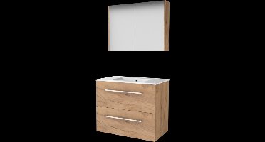 Basic Comfort 46 badmeubelset met spiegelkast, wastafelonderkast met grepen, 2 lades en porseleinen wastafel met 1 kraangat 80 x 46 cm, whisky oak