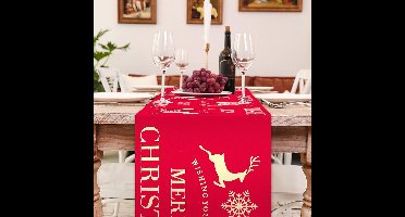 Kerst Tafelloper, 275cm Merry Christmas Tafelloper Herten Sneeuwvlok Xmas Decoratieve Linnengoed Tafelvlag, Rode Kerst Vakantie Tafel Diner Decoratie Gedrukt Linnen Tafellijnen voor Xmas Vakantie