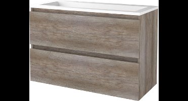 Basic Start 46 badmeubelset met greeploze wastafelonderkast met 2 lades en acryl wastafel met 2 kraangaten 100 x 46 cm, scotch oak